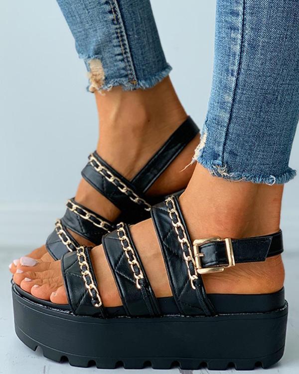 Chain Strap Buckled Slingback Platform Flat Sandals