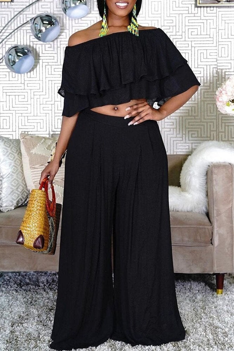 Plus Size Casual Solid Ruffle Off Shoulder Top Wide Leg Pant Two Piece Set