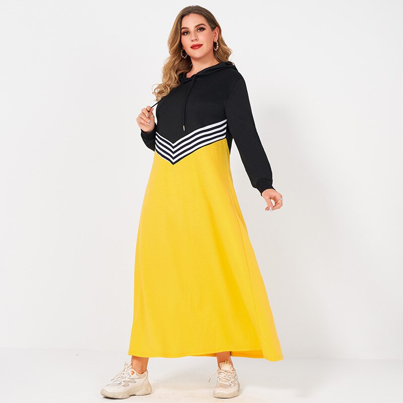 New Summer Women Casual Long Dress Yellow Hooded Long-sleeved Striped Stitching A-line Sports Loose College Style Dresses 4XL