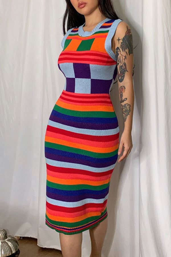 Striped Plaid Stitching Contrasting Color Sleeveless Tight Waist Wool Knit Midi Dress